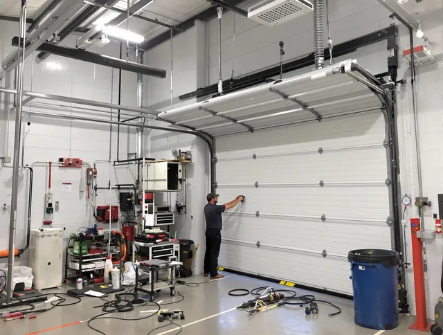 Cornelius Garage Door Repair certified technician performing commercial door repair at a Cornelius business facility