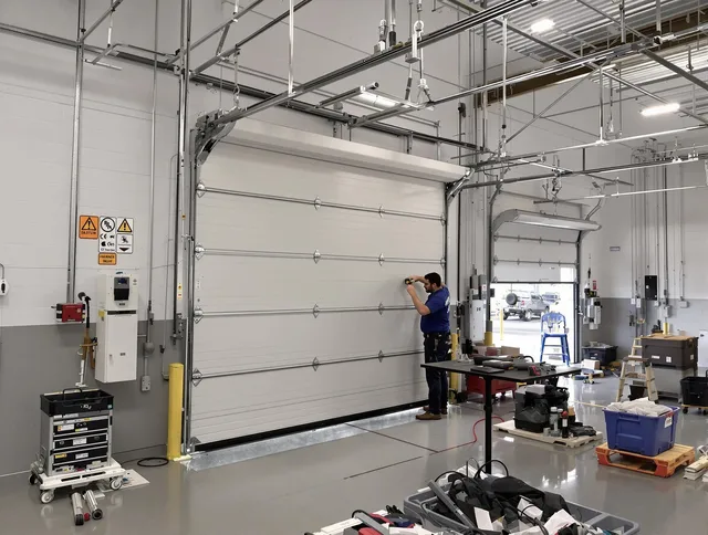Commercial garage door repair being performed by Cornelius Garage Door Repair expert in Cornelius