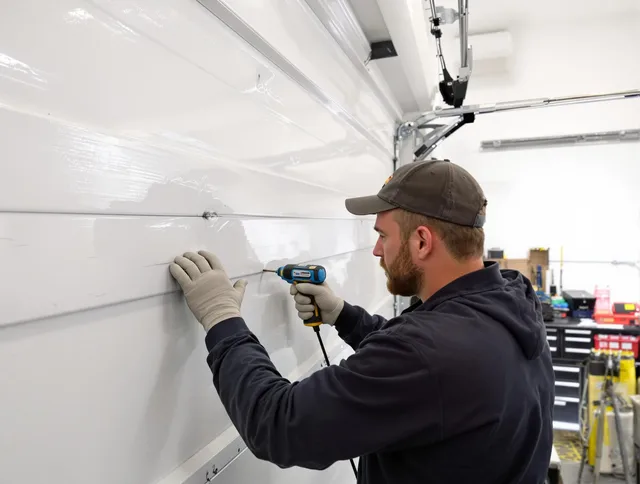 Cornelius Garage Door Repair technician demonstrating precision dent removal techniques on a Cornelius garage door
