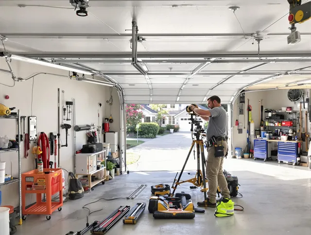 Cornelius Garage Door Repair specialist performing laser-guided track alignment in Cornelius